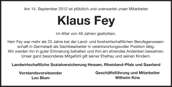 Traueranzeige von Klaus Fey von Echo-Zeitungen (Gesamtausgabe)