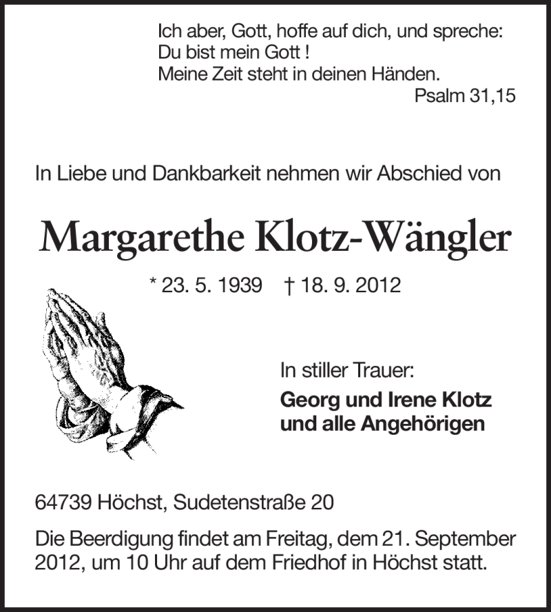 Traueranzeige für Margarethe Klotz-Wängler vom 19.09.2012 aus Echo-Zeitungen (Gesamtausgabe)