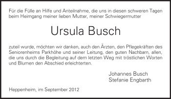 Traueranzeige von Ursula Busch von Starkenburger Echo, Bergsträßer Anzeiger