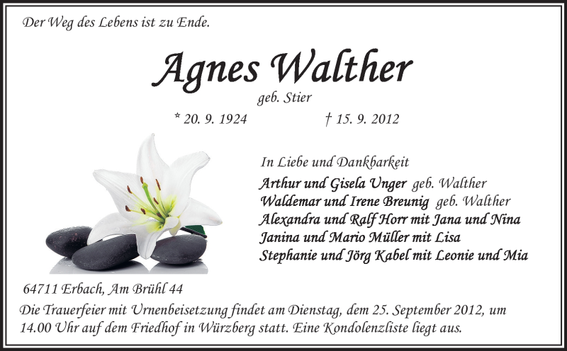  Traueranzeige für Agnes Walther vom 22.09.2012 aus Odenwälder Echo
