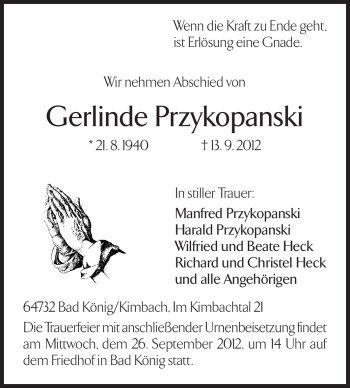 Traueranzeige von Gerlinde Przykopanski von Odenwälder Echo