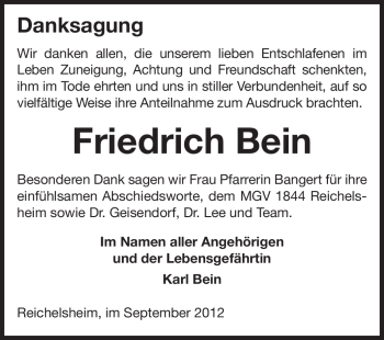 Traueranzeige von Friedrich Bein von Odenwälder Echo