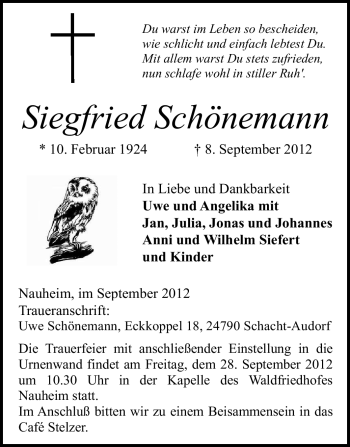 Traueranzeige von Siegfried Schönemann von Rüsselsheimer Echo, Groß-Gerauer-Echo, Ried Echo