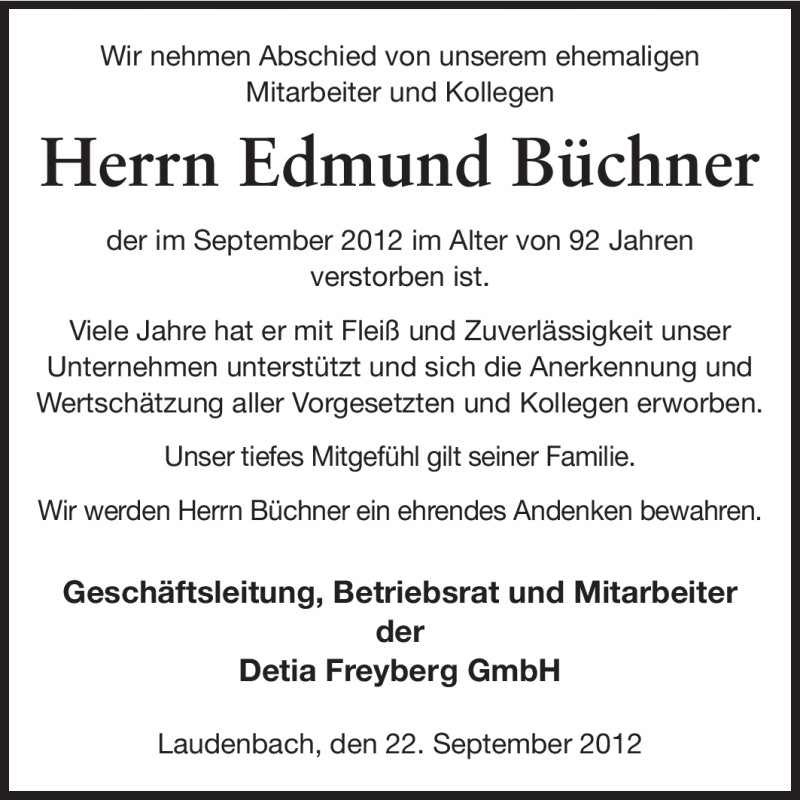  Traueranzeige für Edmund Büchner vom 22.09.2012 aus Starkenburger Echo