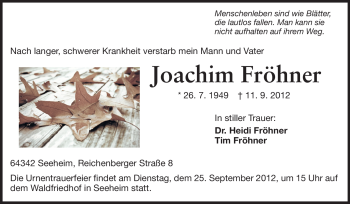 Traueranzeige von Joachim Fröhner von Echo-Zeitungen (Gesamtausgabe)
