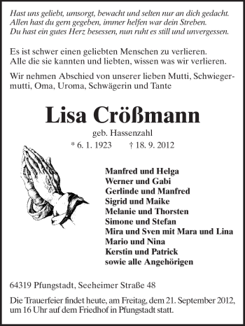 Traueranzeige von Lisa Crößmann von Echo-Zeitungen (Gesamtausgabe)
