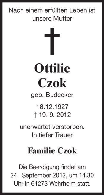 Traueranzeige von Ottilie Czok von Echo-Zeitungen (Gesamtausgabe)