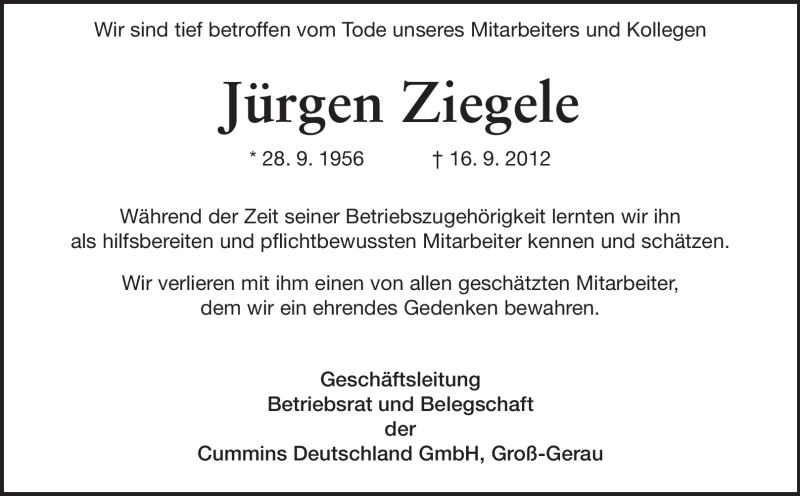  Traueranzeige für Jürgen Ziegele vom 22.09.2012 aus Rüsselsheimer Echo, Groß-Gerauer-Echo, Ried Echo