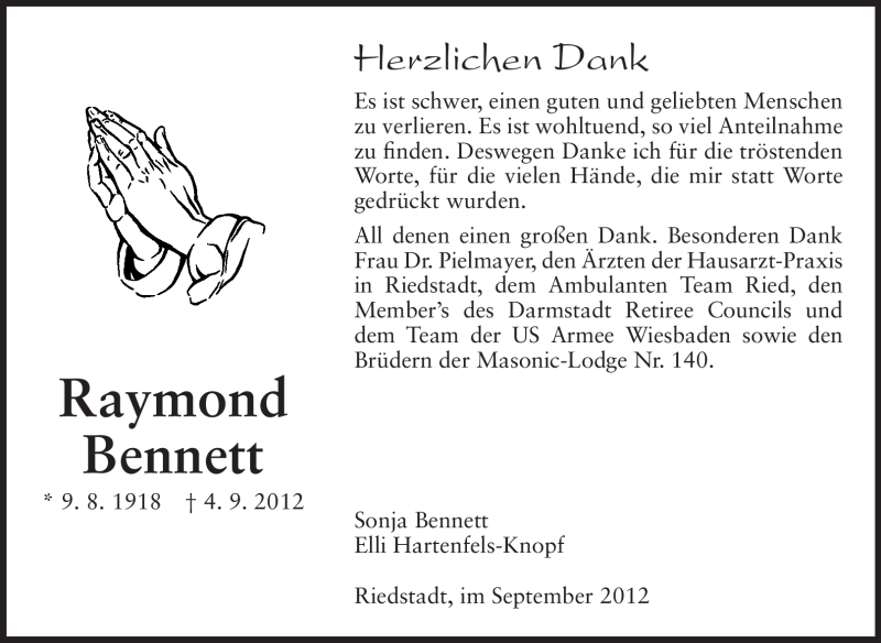  Traueranzeige für Raymond Bennett vom 22.09.2012 aus Echo-Zeitungen (Gesamtausgabe)
