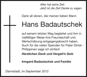 Traueranzeige von Hans Badautschek von Echo-Zeitungen (Gesamtausgabe)