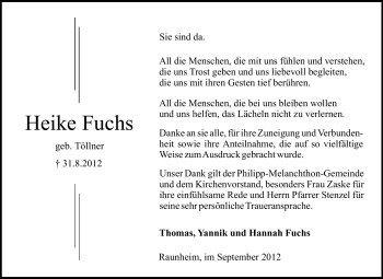 Traueranzeige von Heike Fuchs von Rüsselsheimer Echo, Groß-Gerauer-Echo, Ried Echo