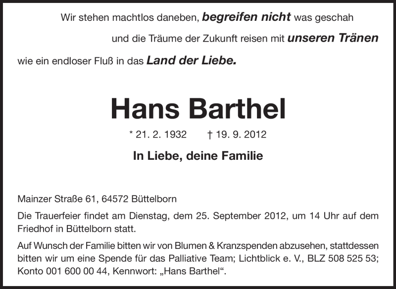  Traueranzeige für Hans Barthel vom 22.09.2012 aus Rüsselsheimer Echo, Groß-Gerauer-Echo, Ried Echo