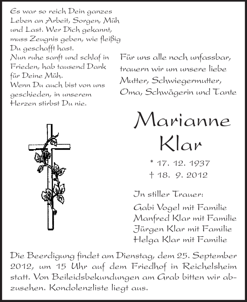  Traueranzeige für Marianne Klar vom 22.09.2012 aus Odenwälder Echo