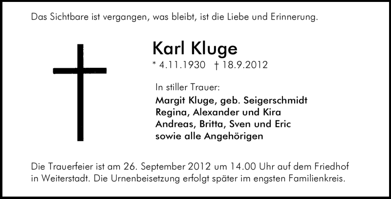  Traueranzeige für Karl Kluge vom 22.09.2012 aus Echo-Zeitungen (Gesamtausgabe)