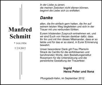 Traueranzeige von Manfred Schmitt von Echo-Zeitungen (Gesamtausgabe)
