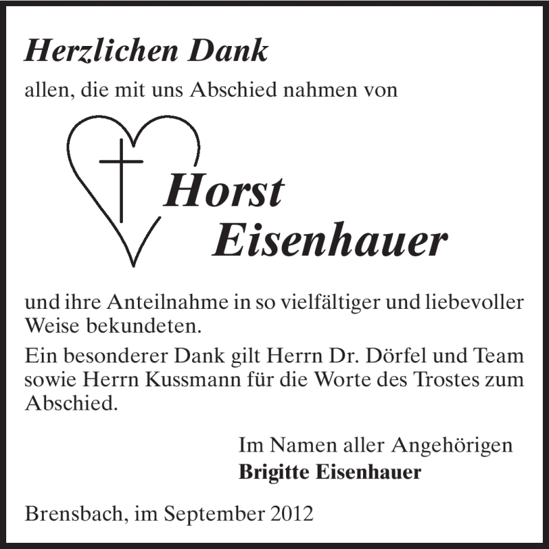  Traueranzeige für Horst Eisenhauer vom 22.09.2012 aus Echo-Zeitungen (Gesamtausgabe)