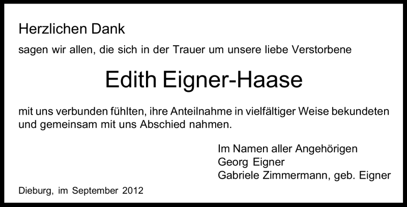  Traueranzeige für Edith Einger-Haase vom 22.09.2012 aus Echo-Zeitungen (Gesamtausgabe)