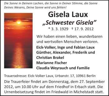 Traueranzeige von Gisela Laux von Odenwälder Echo