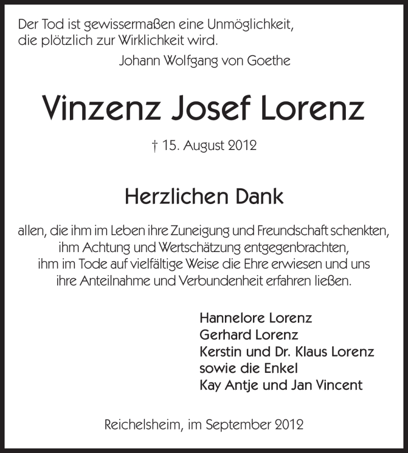  Traueranzeige für Vinzenz Josef Lorenz vom 22.09.2012 aus Odenwälder Echo