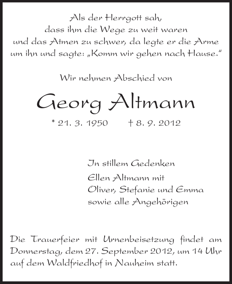  Traueranzeige für Georg Altmann vom 24.09.2012 aus Rüsselsheimer Echo, Groß-Gerauer-Echo, Ried Echo
