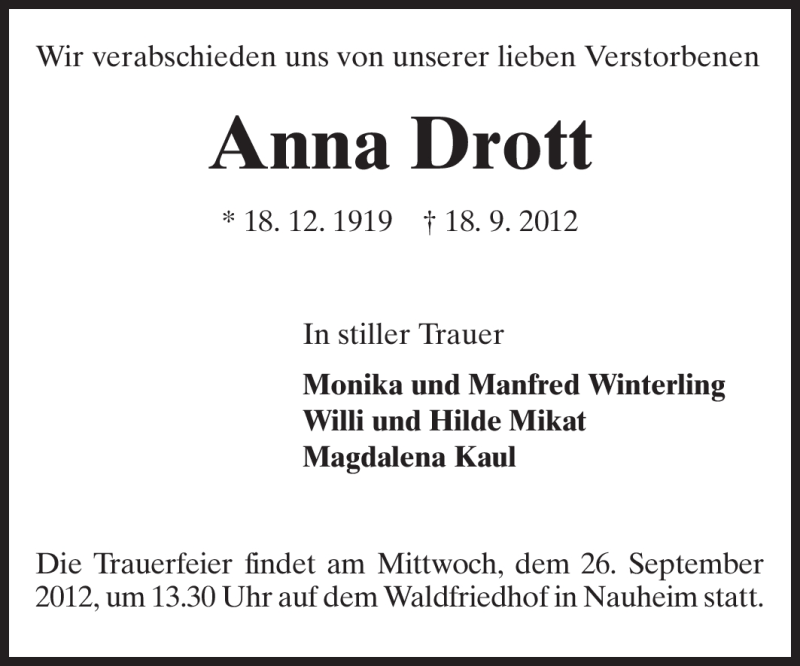  Traueranzeige für Anna Drott vom 24.09.2012 aus Rüsselsheimer Echo, Groß-Gerauer-Echo, Ried Echo