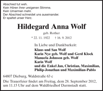 Traueranzeige von Hildegard Anna Wolf von Darmstädter Echo, Odenwälder Echo, Rüsselsheimer Echo, Groß-Gerauer-Echo, Ried Echo