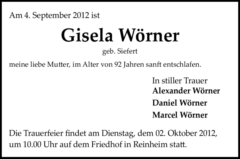  Traueranzeige für Gisela Wörner  vom 28.09.2012 aus Echo-Zeitungen (Gesamtausgabe)