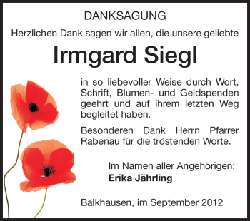 Traueranzeige von Irmgard Siegl von Echo-Zeitungen (Gesamtausgabe)