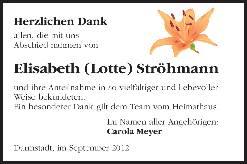  Traueranzeige für Elisabeth Ströhmann vom 26.09.2012 aus Darmstädter Echo, Odenwälder Echo, Rüsselsheimer Echo, Groß-Gerauer-Echo, Ried Echo