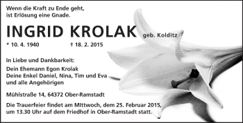 Traueranzeige von Ingrid Krolak von Echo-Zeitungen (Gesamtausgabe)