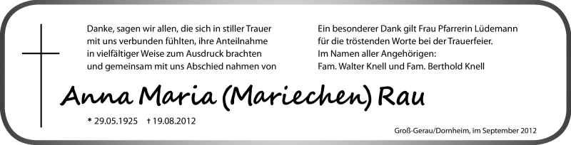 Traueranzeige für Anna Maria Rau vom 27.09.2012 aus Rüsselsheimer Echo, Groß-Gerauer-Echo, Ried Echo