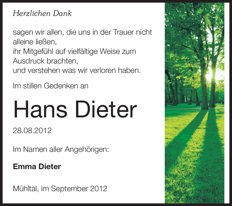  Traueranzeige für Hans Dieter vom 29.09.2012 aus Echo-Zeitungen (Gesamtausgabe)