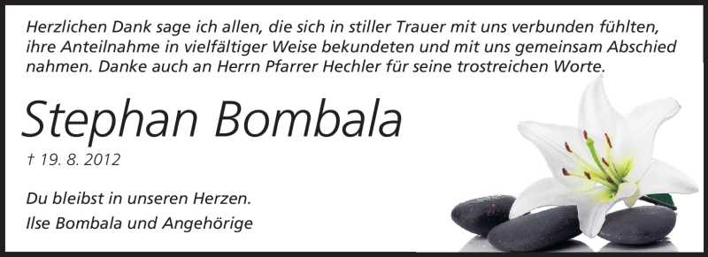  Traueranzeige für Stephan Bombala vom 26.09.2012 aus Echo-Zeitungen (Gesamtausgabe)