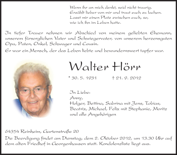 Traueranzeige von Walter Hörr von Echo-Zeitungen (Gesamtausgabe)