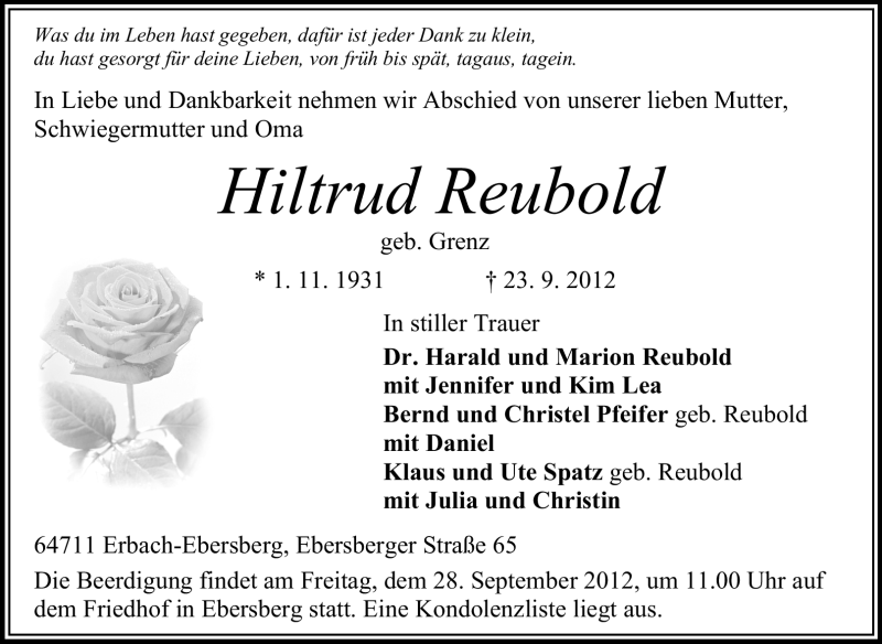  Traueranzeige für Hiltrud Reubold vom 26.09.2012 aus Odenwälder Echo