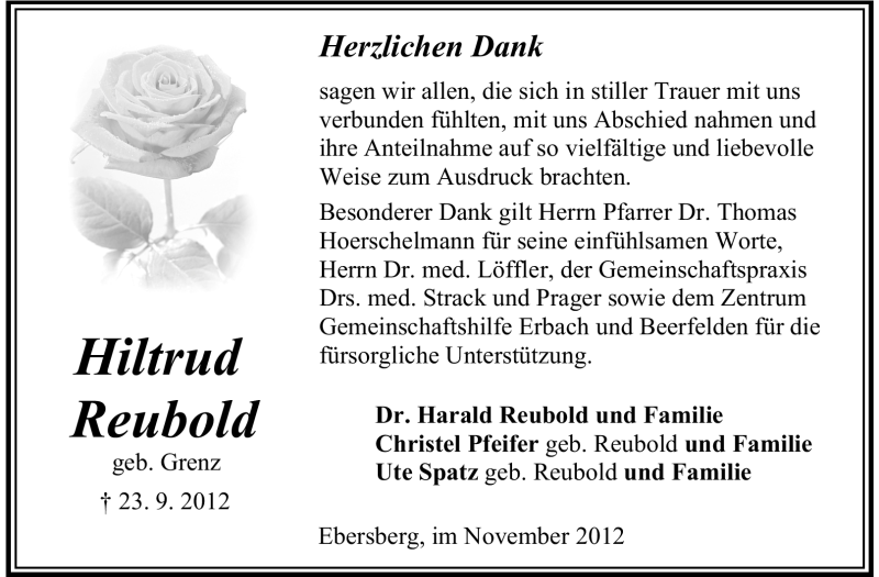  Traueranzeige für Hiltrud Reubold vom 03.11.2012 aus Odenwälder Echo