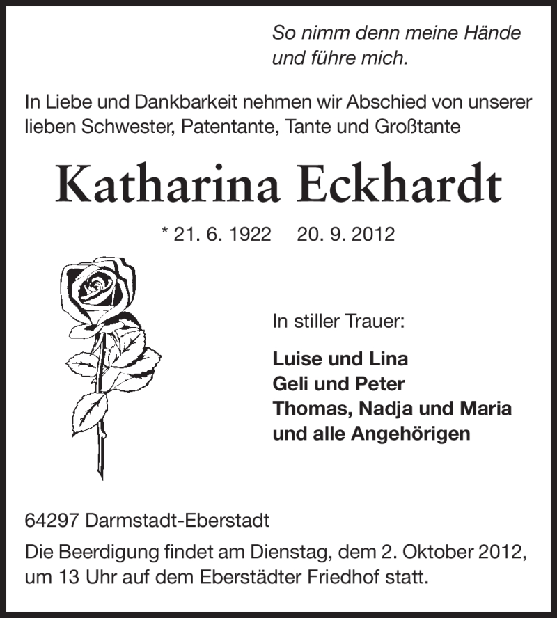  Traueranzeige für Katharina Eckhardt vom 26.09.2012 aus Echo-Zeitungen (Gesamtausgabe)