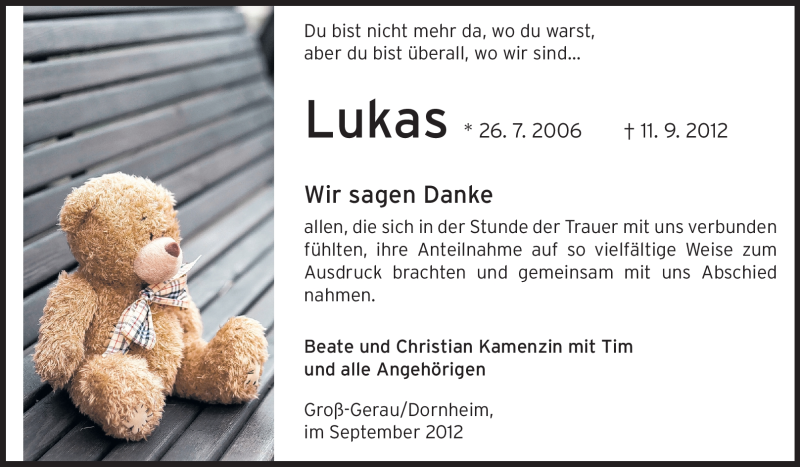  Traueranzeige für Lukas Kamenzin vom 29.09.2012 aus Rüsselsheimer Echo, Groß-Gerauer-Echo, Ried Echo