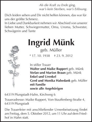 Traueranzeige von Ingrid Münk von Echo-Zeitungen (Gesamtausgabe)