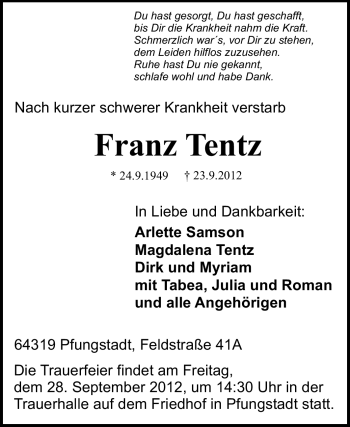 Traueranzeige von Franz Tentz von Echo-Zeitungen (Gesamtausgabe)