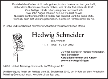 Traueranzeige von Hedwig Schneider von Odenwälder Echo