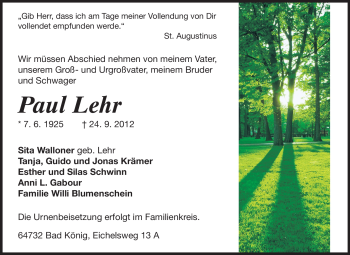 Traueranzeige von Paul Lehr von Odenwälder Echo