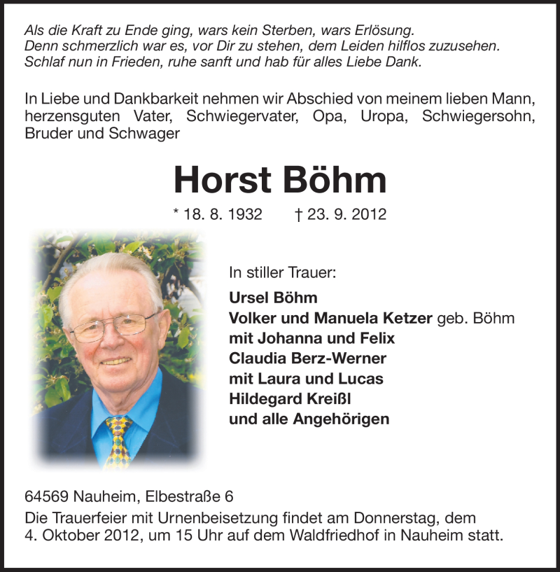  Traueranzeige für Horst Böhm vom 29.09.2012 aus Rüsselsheimer Echo, Groß-Gerauer-Echo, Ried Echo