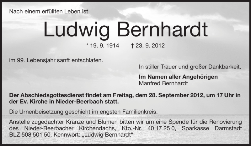  Traueranzeige für Ludwig Bernhardt vom 26.09.2012 aus Echo-Zeitungen (Gesamtausgabe)