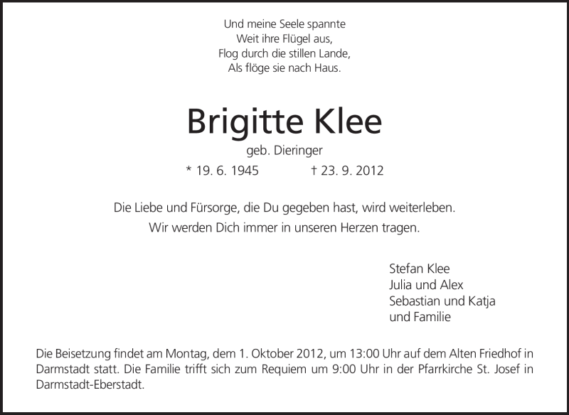 Traueranzeige für Brigitte Klee vom 27.09.2012 aus Echo-Zeitungen (Gesamtausgabe)