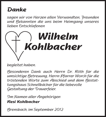 Traueranzeige von Wilhelm Kohlbacher von Odenwälder Echo