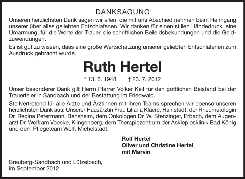  Traueranzeige für Ruth Hertel vom 29.09.2012 aus Odenwälder Echo