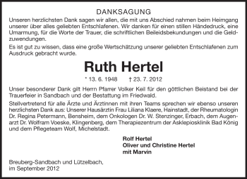 Traueranzeige von Ruth Hertel von Odenwälder Echo