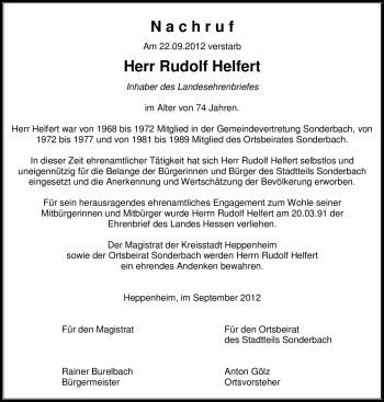 Traueranzeige von Rudolf Helfert von Starkenburger Echo