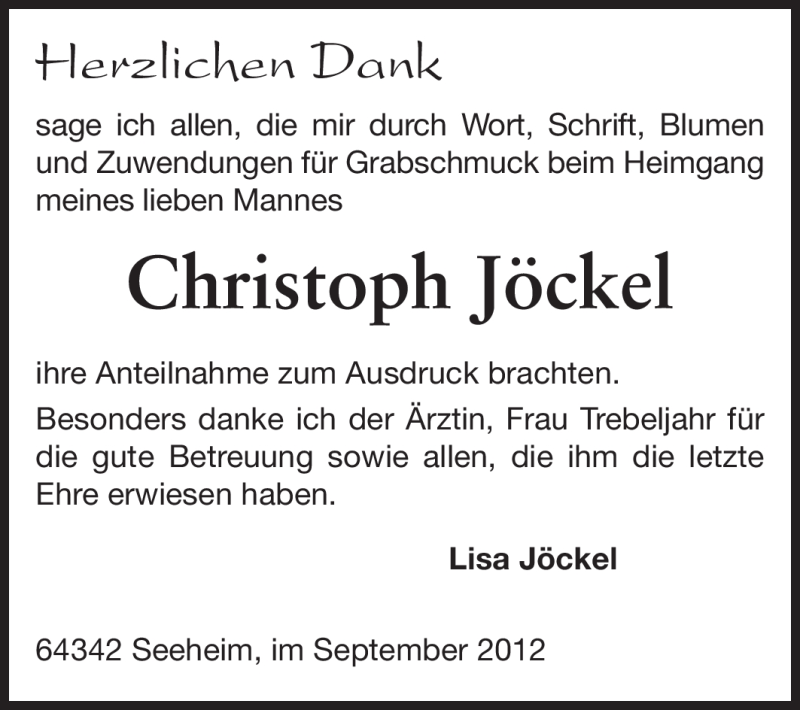  Traueranzeige für Christoph Jöckel vom 29.09.2012 aus Echo-Zeitungen (Gesamtausgabe)